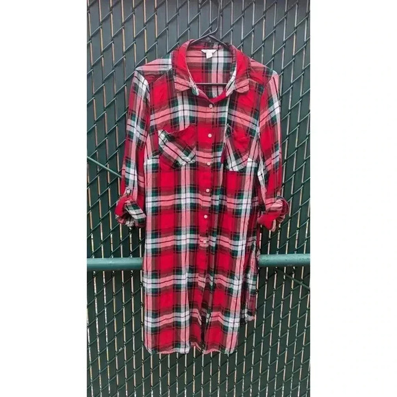 Women's plaid flannel button down shirt dress w/roll tab sleeves, Cato sz 14/16W - Picture 1 of 6